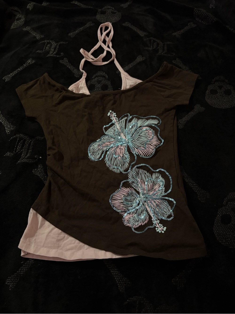 Women’s Brown Floral Layered Off-Shoulder Top with Pink Lining